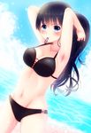  bikini black_hair blue_eyes highres long_hair mouth_hold original ponytail sakuyabm solo standing swimsuit 