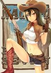  alternate_costume black_hair boots breasts colt_saa cowboy_boots cowboy_hat gloves gun handgun hat kantai_collection large_breasts lever_action long_hair long_legs md5_mismatch midriff nagato_(kantai_collection) navel puka_puka red_eyes revolver rifle ryuinu short_shorts shorts solo the_magnificent_seven trigger_discipline weapon western winchester_model_1873 