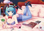  animal_ears ass bad_id bad_pixiv_id bed blue_eyes blue_hair blush book breasts bulma bunny_ears bunnysuit condom dragon_ball dragon_ball_z dragon_radar high_heels kanekiyo_miwa large_breasts looking_at_viewer lying on_stomach pantyhose smile solo 