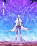  1boy bandage battle_aura coat fingerless_gloves gloves hatake_kakashi headband male male_focus mask naruto ninja shikaobing solo spoilers white_hair 