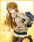  artist_request bag blue_eyes brown_hair cardigan hands_in_pockets idolmaster idolmaster_million_live! loafers long_hair necktie official_art school_bag school_uniform shoes thighhighs tokoro_megumi zettai_ryouiki 