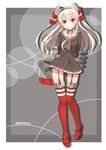  amatsukaze_(kantai_collection) arms_behind_back blush brown_eyes character_name choker dress garter_straps hyuuga_azuri kantai_collection long_hair looking_at_viewer red_legwear rensouhou-kun sailor_dress see-through short_dress silver_hair smile solo striped striped_legwear thighhighs two_side_up zettai_ryouiki 