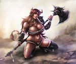  2014 axe big_breasts breasts cleavage clothed clothing corruption_of_champions excellia_(coc) female horn huge_breasts minotaur okai418 smile solo tattoo weapon 