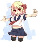  :o alternate_costume black_legwear blonde_hair blouse crop_top hair_ribbon looking_at_viewer midriff miniskirt navel neckerchief outstretched_arms pleated_skirt red_eyes ribbon rumia school_uniform serafuku shamo_(koumakantv) short_hair skirt solo thighhighs touhou zettai_ryouiki 