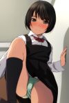  1girl absurdres black_hair black_legwear black_skirt blush brown_eyes ceiling closed_mouth collared_shirt eyebrows_visible_through_hair green_panties hand_on_wall highres indoors knee_up looking_at_viewer matsunaga_kouyou original overall_skirt panties red_neckwear shirt short_hair skirt smile solo standing standing_on_one_leg striped striped_panties thighhighs thighs underwear white_shirt 