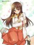  blush brown_hair flower hair_ribbon hiyou_(kantai_collection) kantai_collection long_hair looking_at_viewer red_eyes ribbon sasachin_(k+w) scroll sitting sleeves_past_wrists smile solo white_ribbon yokozuwari 