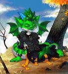  2005 anthro autumn bedroom_eyes breasts dragon female fur green_eyes green_fur green_hair hair hindpaw horn j_axer paws reptile scalie short_hair sitting smile thick_thighs thighs tree wide_hips wings 