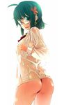  ahoge artist_request ass c-string character_request copyright_request cowboy_shot earrings glasses green_eyes green_hair hair_ornament jewelry long_sleeves no_pants open_mouth shirt solo wet wet_clothes wet_shirt 