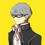  glasses grey_hair houndstooth male_focus mami_(apsaras) narukami_yuu persona persona_4 simple_background solo upper_body yellow_background 