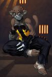  2005 abs anthro bandage belly biceps breasts brown_eyes brown_fur cat eyewear feline female fur gloves hindpaw j_axer mammal muscles paws prison prison_cell sleeveless_shirt sunglasses thighs 