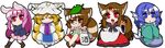  animal_ears blonde_hair blue_eyes blue_hair brown_eyes brown_hair bunny_ears chibi eichi_yuu fang fox_tail futatsuiwa_mamizou glasses hat head_fins imaizumi_kagerou japanese_clothes kimono long_hair looking_at_viewer mermaid monster_girl multiple_girls multiple_tails one_eye_closed open_mouth pince-nez pleated_skirt pose purple_hair raccoon_ears raccoon_tail red_eyes reisen_udongein_inaba school_uniform short_hair sitting skirt smile tail touhou triangle_mouth wakasagihime wolf_ears wolf_tail yakumo_ran yellow_eyes 