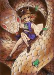  blonde_hair color_ink_(medium) colored_pencil_(medium) frog giant_snake hair_ribbon hat highres loafers long_sleeves mishaguji moriya_suwako mosho open_mouth ribbon shirt shoes skirt skirt_set smile solo thighhighs touhou traditional_media vest watercolor_(medium) white_legwear wide_sleeves yellow_eyes zettai_ryouiki 