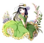  black_hair di_qi_hao_lieche dress flower green_dress hat heroine_(di_qi_hao_lieche) long_hair looking_at_viewer mana_(418208360) original purple_eyes smile solo sun_hat 