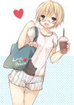  :d bag blonde_hair blue_eyes casual cup disposable_cup drinking english glasses handbag heart komeshiro_kasu looking_at_viewer open_mouth original patterned_background red-framed_eyewear shorts smile solo starbucks striped vertical-striped_shorts vertical_stripes white_background 