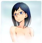  ammonio black_hair blue_eyes blue_hair breasts censored cleavage glasses haikyuu!! highres medium_breasts mole shimizu_kiyoko solo wet 