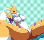  2014 areola blue_eyes blush breasts canine chest_tuft digimon elbow_gloves female fox fur gloves mammal nipples presenting presenting_pussy pussy renamon shadow solo spread_legs spreading tongue tongue_out tuft yellow_fur 超級小守鶴 