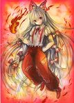  absurdly_long_hair bow color_ink_(medium) fire fujiwara_no_mokou full_body hair_bow hair_ribbon hand_in_pocket highres long_hair looking_at_viewer mosho ofuda paint_(medium) pants red_eyes ribbon shirt silver_hair smile solo suspenders touhou traditional_media tress_ribbon very_long_hair watercolor_(medium) 