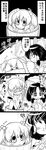  &gt;_&lt; +_+ 2girls 4koma :d absurdres ascot blush bow bucket closed_eyes comic commentary covering_head cowering detached_sleeves evil_grin evil_smile faceless faceless_female flying_sweatdrops futa_(nabezoko) gohei greyscale grin hair_bobbles hair_bow hair_ornament hair_ribbon hair_tubes hakurei_reimu hands_on_own_head highres holding in_bucket in_container japanese_clothes kisume monochrome multiple_girls open_mouth ribbon scythe sleeves_past_wrists smile smirk sparkle star sweat touhou translated twintails v-shaped_eyebrows wavy_mouth wooden_bucket 