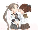  ? ajino_(sakanahen) anchor_symbol ayanami_(kantai_collection) black_skirt brown_hair brown_skirt cheek_pinching green_eyes kantai_collection long_hair multiple_girls pinching pleated_skirt ponytail remodel_(kantai_collection) school_uniform serafuku shikinami_(kantai_collection) short_hair side_ponytail skirt translated twitter_username very_long_hair 