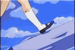  1girl 80s animated animated_gif blue_sky cloud female jumping lowres magami_eiko mary_janes missile oldschool orange_hair project_a-ko red_hair running school_uniform serafuku shoes sky solo 