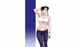  13_(kaiten_sommelier) 1girl :o bracelet breasts brown_hair camisole capcom chun-li denim double_bun earrings erect_nipples female fingernails hand_on_head huge_tits jeans jewelry large_breasts long_fingernails midriff nail_polish pants photoshop solo stomach street_fighter tank_top wallpaper 