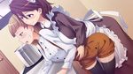  age_difference apron black_legwear blonde_hair blush brown_eyes brown_hair frills game_cg itoshi_no_my_master maid maid_headdress multiple_girls purple_eyes smile thighhighs yuri zettai_ryouiki 