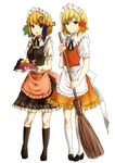  absurdres aki_minoriko aki_shizuha alternate_costume apron broom chestnut enmaided food fruit grapes hair_ornament highres leaf maid maid_apron maid_headdress maple_leaf multiple_girls mushroom nagata_nagato orange red_eyes ribbon siblings sisters smile socks sweet_potato touhou tray yellow_eyes 