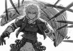  ammunition_belt belt cape cape_removed cloak comic cosplay fighting_stance genos genos_(cosplay) greyscale imizu_(nitro_unknown) jacket kirisame_marisa looking_at_viewer monochrome motion_blur one-punch_man open_clothes open_jacket simple_background solo standing touhou translation_request underbust white_background 