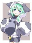  animal_costume animal_print bell bike_shorts blue_eyes blush commentary_request cow_costume cow_print green_hair hood hoodie kugelschreiber original pregnant short_hair smile solo 