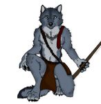  blue_eyes canine claws clothed clothing fur hunter kneeling loincloth looking_at_viewer male mammal necklace paws polearm rope scar solo tassel teeth translucent vailwolf weapon wolf wood 