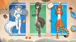  beach bikini bra breasts canine chest_tuft clothing duo eyes_closed feline female flora_(twokinds) fur hair hybrid kathrin_(twokinds) keidran mammal nude paws raine_(twokinds) seaside smile swimsuit tiger tom_fischbach tuft twokinds umbrella underwear 