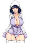  blue_hair breasts cleavage hyuuga_hinata large_breasts naruto no_background panties smile solo thighhighs underwear unzipped white_background white_panties 