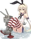  anchor_hair_ornament blonde_hair elbow_gloves gloves green_eyes hair_ornament hairband highleg highleg_panties kantai_collection knees_up long_hair microphone nazunakku panties rensouhou-chan shimakaze_(kantai_collection) sitting solo striped striped_legwear thighhighs twitter_username underwear white_gloves 