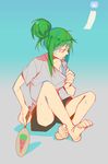  alternate_hairstyle aqua_background bangs bare_arms bare_legs barefoot casual closed_mouth crossed_ankles fan food_print frown full_body gradient gradient_background green_hair grey_background grey_shirt hair_bun hair_up holding holding_fan hot kagerou_project kido_tsubomi knees_up long_hair paper_fan profile ramble12 shadow shirt shirt_pull short_sleeves sidelocks sitting solo summer sweat t-shirt toe_scrunch uchiwa watermelon_print wind_chime 