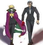  2boys artist_request black_hair blazblue blazblue:_bloodedge_experience blindfold blonde_hair blood cape claws formal gloves looking_at_viewer mask mechanical_arm multiple_boys necktie parted_lips pointy_ears relius_clover shoes short_hair spiked_hair suit valkenhayn_r_hellsing younger 