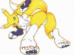  2014 areola breasts butt canine chest_tuft claws digimon elbow_gloves female fox fur gloves kinu_(artist) looking_back mammal nipples plain_background presenting presenting_hindquarters presenting_pussy pussy renamon solo tuft white_background yellow_fur yin_yang 
