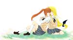  2girls blonde_hair brown_hair couple fate_testarossa forehead-to-cheek grass hair_ornament hand_holding happy long_hair lyrical_nanoha mahou_shoujo_lyrical_nanoha mahou_shoujo_lyrical_nanoha_a&#039;s mahou_shoujo_lyrical_nanoha_a's mokojin multiple_girls nuzzle ponytail school_uniform simple_background smile takamachi_nanoha uniform very_long_hair yuri 