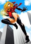  black_legwear blonde_hair blue_eyes boots breasts building carol_danvers cloud day freeride-art gloves groin highres large_breasts leotard lips long_hair looking_down marvel mask midair ms._marvel ms._marvel_(series) red_leotard sky solo thigh_boots thighhighs thighs 