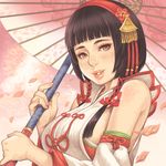  bad_id bad_pixiv_id bangs black_hair blunt_bangs blush breasts brown_eyes cherry_blossoms detached_sleeves eyeliner hairband japanese_clothes large_breasts lips looking_at_viewer makeup maou_alba nail_polish okuni oriental_umbrella petals puckered_lips sengoku_musou sengoku_musou_2 short_hair sideboob smile solo umbrella 