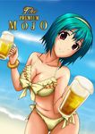  alcohol bangle beer beer_mug bikini bracelet breasts cleavage cup frilled_bikini frills front-tie_top green_hair hairband holding holding_cup idolmaster idolmaster_(classic) jewelry large_breasts looking_at_viewer mole mole_under_mouth navel otonashi_kotori red_eyes shiny shiny_skin short_hair shuura side-tie_bikini smile swimsuit yellow_hairband 