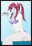  2014 abstract_background bikini black_lips black_nose blue_eyes bracers breasts canine claws eyewear fangs female fur glasses hair lips long_hair mammal navel nnecgrau ponytail red_hair sitting smile solo swimsuit teeth thighs unknown_species white_fur 