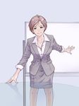  blush brown_eyes brown_hair cover cover_image earrings formal highres jacket jewelry looking_at_viewer office_lady original pencil_skirt short_hair skirt skirt_suit smile solo suit table whiteboard yoshikawa_kazunori 