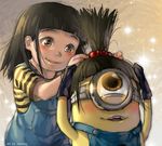  agnes_(despicable_me) artist_name black_gloves black_hair blush brown_eyes despicable_me glint gloves goggles hair_bobbles hair_ornament high_ponytail kawacy minion_(despicable_me) overalls shirt striped striped_shirt wig yellow_skin 