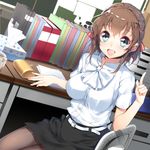  :d bad_id bad_pixiv_id belt binder blue_eyes brown_hair chair desk hal_(copyright) index_finger_raised open_mouth pantyhose paper pencil_case short_hair sitting smile solo staff_room teacher tissue_box yappen yuuki-tan 