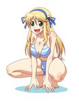  :d barefoot bikini blonde_hair body_blush bow breasts cameltoe cleavage goriate green_eyes hair_ribbon katsuragi_(senran_kagura) large_breasts long_hair open_mouth ribbon senran_kagura side-tie_bikini smile solo squatting striped striped_bikini swimsuit 