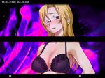  1girl bare_shoulders blonde_hair blush bra breasts cleavage embarrassed game_cg glasses hentai_mask_seigi_no_mikata_wa_t-back.tte_aho_na! large_breasts long_hair looking_at_viewer red_eyes saliva sameda_koban simple_background standing sweat underwear 