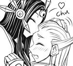 diana_(league_of_legends) forehead_kiss forehead_protector greyscale kiss league_of_legends leona_(league_of_legends) monochrome multiple_girls oldlim 