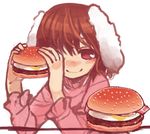  animal_ears brown_hair bunny_ears food hamburger holding inaba_tewi long_sleeves looking_at_viewer red_eyes short_hair smile solo touhou upper_body yunuki_uta 