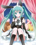  alternate_costume animal_ears aqua_eyes aqua_hair black_legwear blush bunny_ears checkerboard_cookie cookie cushion detached_sleeves enmaided food hand_on_own_chest hatsune_miku heart highres knees_together_feet_apart long_hair looking_at_viewer maid maid_headdress neck_ribbon ribbon ribbon_trim sitting snowmi solo spring_onion stuffed_animal stuffed_bunny stuffed_toy twintails vocaloid window 