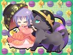  animalization black_cat blush bowl bowl_hat cat closed_eyes dress frilled_dress frills green_eyes hammer hat hat_ribbon japanese_clothes kimono komeiji_koishi komeiji_koishi_(cat) licking minigirl miracle_mallet open_mouth pote_(ptkan) purple_hair ribbon short_hair smile sukuna_shinmyoumaru third_eye tongue tongue_out touhou 